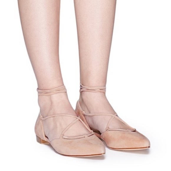 STUART WEITZMAN BISQUE SUEDE 'GILLIGAN' D'ORSAY SUEDE LACE-UP FLATS - Picture 1 of 13